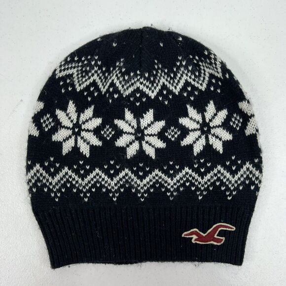 Hollister Slouchy Beanie Women’s Winter Hat Knit Fair Isle Black Front Logo Warm - Picture 2 of 8